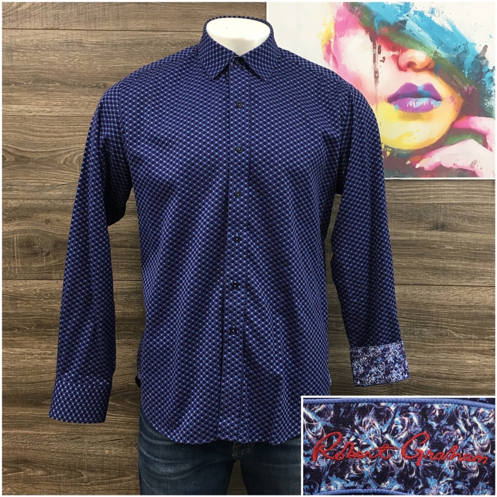 Robert Graham Mens Classic Fit Blue Geometric Square Long Sleeve Button Down L